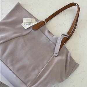 Lucky Brand Genuine Suede Leather Lavender Tote Bag with Brown Leather Straps